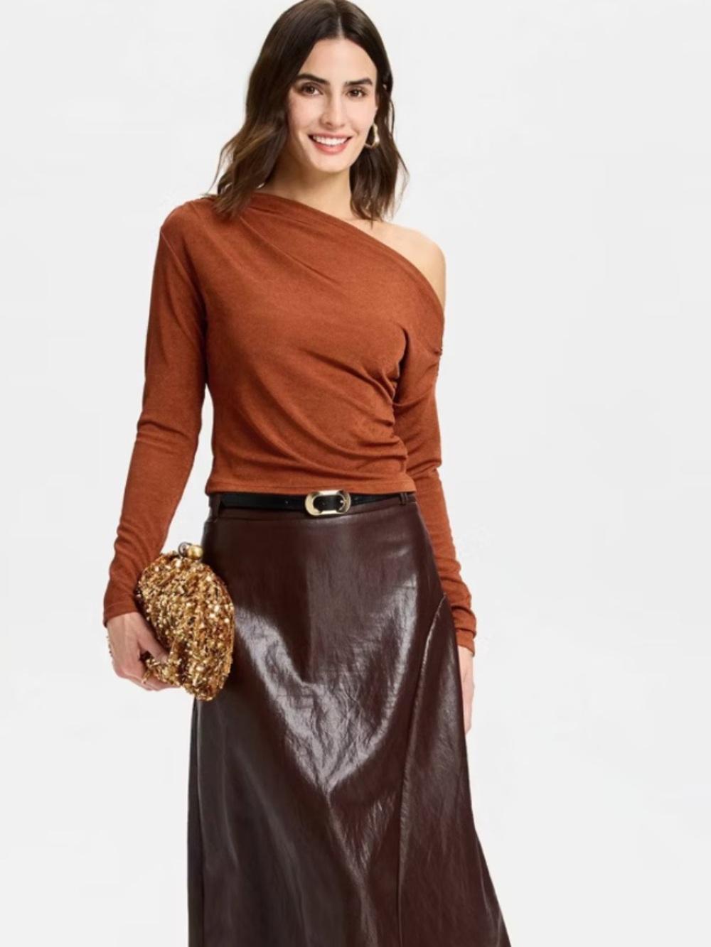 a new day One-Shoulder Rust Brown Long-Sleeve Top